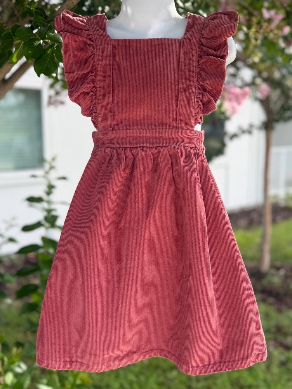 White & Worthy Girls Dusty Rose Corduroy Ruffle Pinafore Dress Size 2